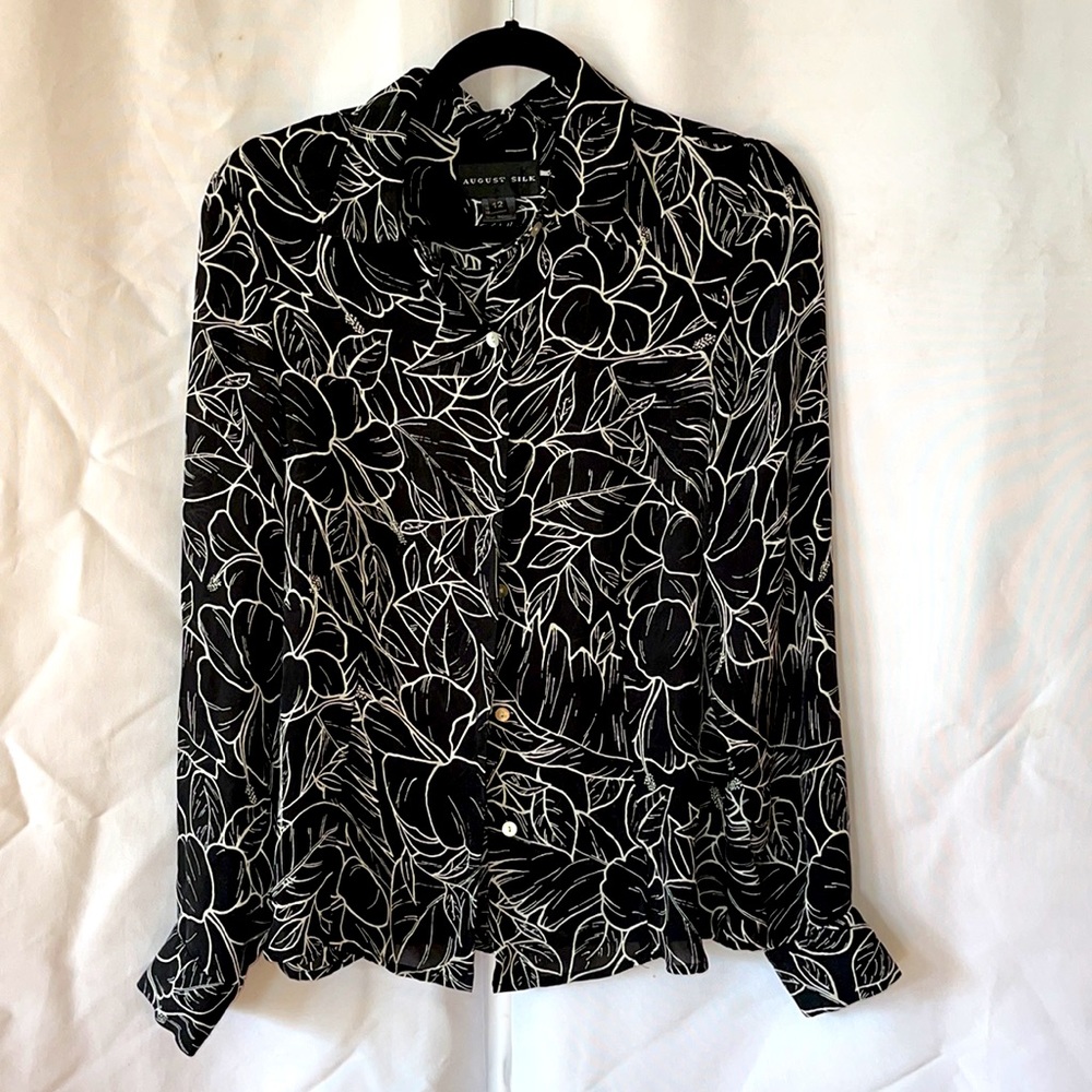 August Silk Black & White Sheer Floral Button Up Fitted Long Sleeve Silk Shirt